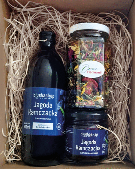 Zestaw prezentowy sok i konfitura z jagody kamczackiej, mieszanka ziołowa